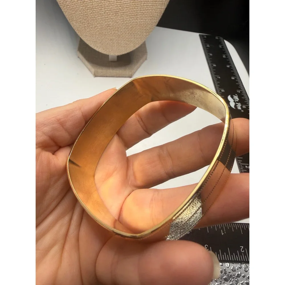 Vintage Gold‎ Tone Wide Square Bangle Bracelet Textured Stripe Geometric Cuffs